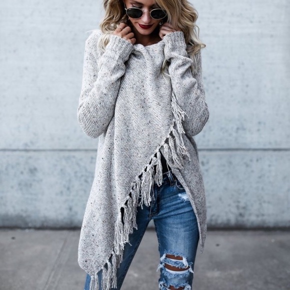 Fringe Trim Wrap Style Marled Cardigan Sweater - Picture 6 of 7